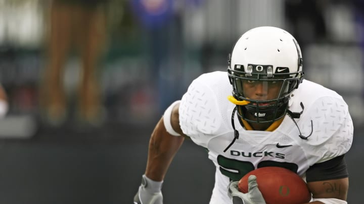 Oct 20, 2007; Seattle, WA, USA; Oregon running back Jonathan Stewart (28) warms up before the Ducks' game against the Washington Huskies at Husky Stadium. Mandatory Credit: Joe Nicholson-USA TODAY Sports