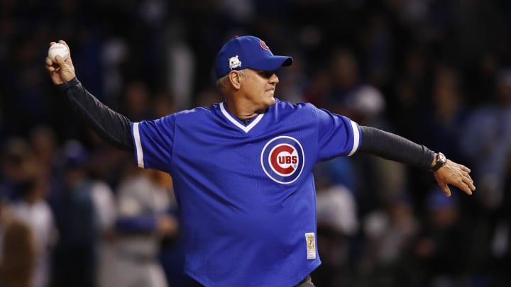 Oct 18, 2017; Chicago, IL, USA; Chicago Cubs former second baseman Ryne Sandberg throws out the ceremonial first pitch before game four of the 2017 NLCS playoff baseball series against the Los Angeles Dodgers at Wrigley Field. 