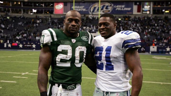 Nov 22, 2007; Irving, TX, USA; Dallas Cowboys running back Julius Jones (21) meets with his brother New York Jets running back Thomas Jones (20) after the game at Texas Stadium. The Cowboys beat the Jets 34-3. Mandatory Credit: Tim Heitman-USA TODAY Sports