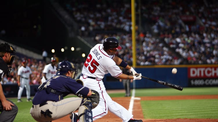 May 9, 2007; Atlanta, GA, USA; Atlanta Braves (25) Andruw Jones connects on a pitch against the San