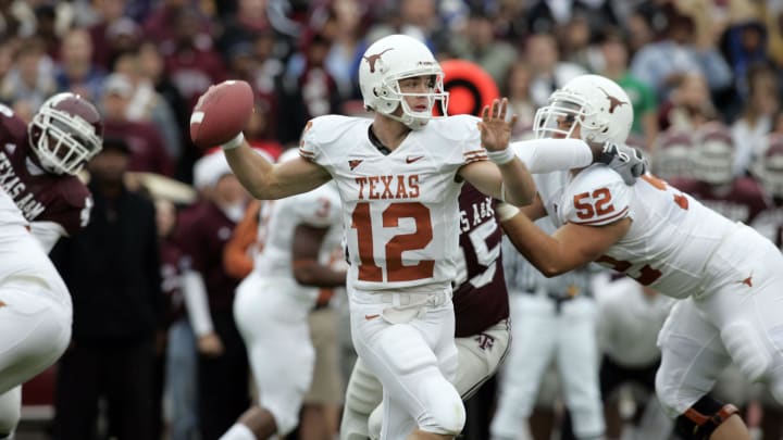 Nov 23, 2007; College Station, TX, USA; Texas Longhorns quarterback Colt McCoy (12) throws a pass against the Texas A&M Aggies in the first quarter at Kyle Field. Mandatory Credit: Brett Davis-USA TODAY Sports