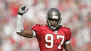 Tampa Bay Buccaneers lineman Simeon Rice in action at Raymond James Stadium.