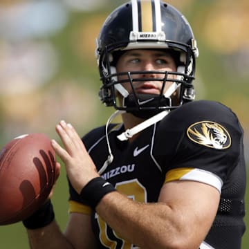 Sep 20, 2008; Columbia, MO, USA;  Missouri Tigers quarterback Chase Daniel (10) prior to game against the Buffalo Bulls at Memorial Stadium.  Mandatory Credit: Byron Hetzler-Imagn Images