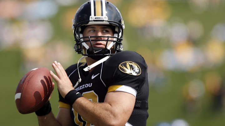 Sep 20, 2008; Columbia, MO, USA;  Missouri Tigers quarterback Chase Daniel (10) prior to game against the Buffalo Bulls at Memorial Stadium.  Mandatory Credit: Byron Hetzler-Imagn Images