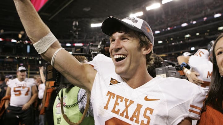 Dec 5, 2009; Arlington, TX, USA; Texas Longhorns wide receiver Jordan Shipley (8) celebrates after a victory against the Nebraska Cornhuskers in the 2009 Big 12 championship game at Cowboys Stadium. Texas defeated Nebraska 13-12. Mandatory Credit: Brett Davis-Imagn Images
