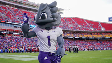 TCU Horned Frogs mascot waves to fans against the Kansas Jayhawks.