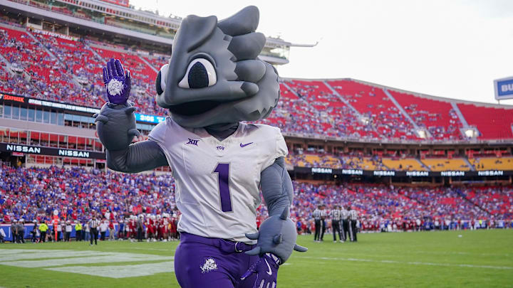 TCU Horned Frogs mascot waves to fans against the Kansas Jayhawks.
