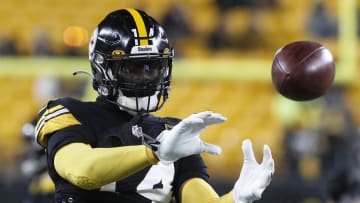 Dec 24, 2022; Pittsburgh, Pennsylvania, USA;  Pittsburgh Steelers wide receiver George Pickens (14) warms up before the game against the Las Vegas Raiders at Acrisure Stadium. Mandatory Credit: Charles LeClaire-USA TODAY Sports