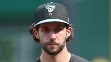 Jul 25, 2025; Pittsburgh, Pennsylvania, USA; Arizona Diamondbacks pitcher Zac Gallen (23) looks on before the game against the Pittsburgh Pirates at PNC Park. Mandatory Credit: Charles LeClaire-Imagn Images