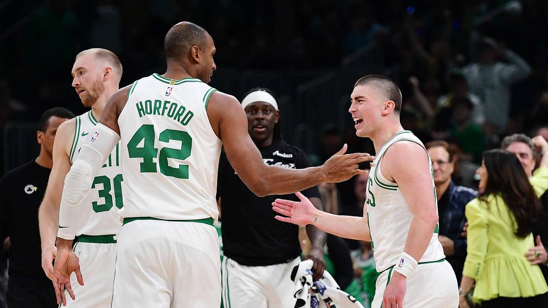 Apr 20, 2025; Boston, Massachusetts, USA; Boston Celtics guard Payton Pritchard (11) reacts with center Al Horford (42) after making a three point basket during the second half against the Orlando Magic at TD Garden. Mandatory Credit: Bob DeChiara-Imagn Images Apr 20, 2025; Boston, Massachusetts, USA; Boston Celtics guard Payton Pritchard (11) reacts with center Al Horford (42) after making a three point basket during the second half against the Orlando Magic at TD Garden. Mandatory Credit: Bob DeChiara-Imagn Images
