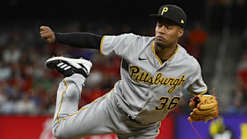 Apr 13, 2023; St. Louis, Missouri, USA;  Pittsburgh Pirates relief pitcher Dauri Moreta (36) pitches against the St. Louis Cardinals during the ninth inning at Busch Stadium. Mandatory Credit: Jeff Curry-Imagn Images