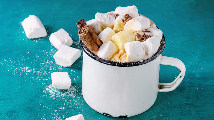 Hot chocolate with homemade marshmallow, chocolate chips, cinnamon sticks, and syrup