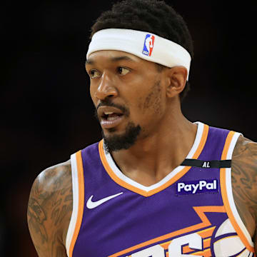 Apr 8, 2025; Phoenix, Arizona, USA; Phoenix Suns guard Bradley Beal (3) reacts during the first half against the Golden State Warriors at Footprint Center. Mandatory Credit: Mark J. Rebilas-Imagn Images