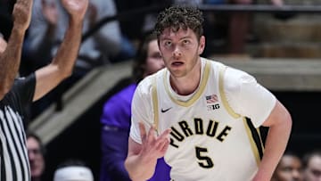 Purdue Boilermakers forward Liam Murphy (5) celebrates a three-point basket