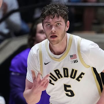Purdue Boilermakers forward Liam Murphy (5) celebrates a three-point basket