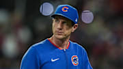 Sep 10, 2025; Cumberland, Georgia, USA; Chicago Cubs manager Craig Counsell (11) on the field against the Atlanta Braves during the fifth inning at Truist Park. Mandatory Credit: Dale Zanine-Imagn Images