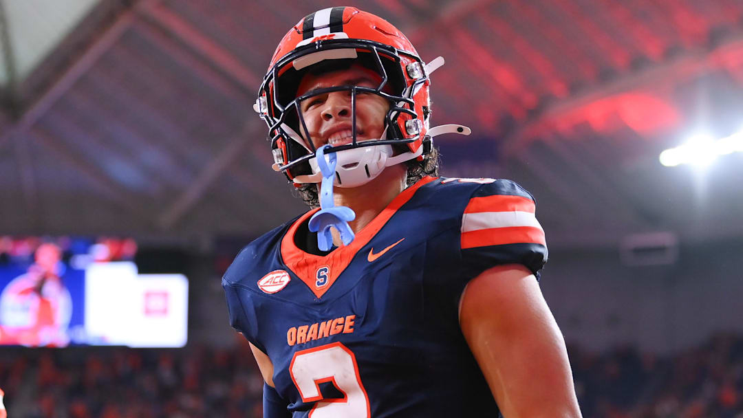 Aug 31, 2024; Syracuse, New York, USA; Syracuse Orange wide receiver Trebor Pena (2) reacts after making a touchdown catch against the Ohio Bobcats at the JMA Wireless Dome