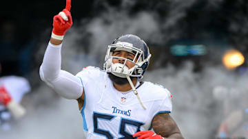 Sep 15, 2024; Nashville, Tennessee, USA;  Tennessee Titans linebacker Harold Landry III (58) takes the field against the New York Jets during the first half at Nissan Stadium. Mandatory Credit: Steve Roberts-Imagn Images