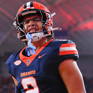 Syracuse Orange wide receiver Trebor Pena (2) reacts after making a touchdown catch against the Ohio Bobcats during the second half at the JMA Wireless Dome.