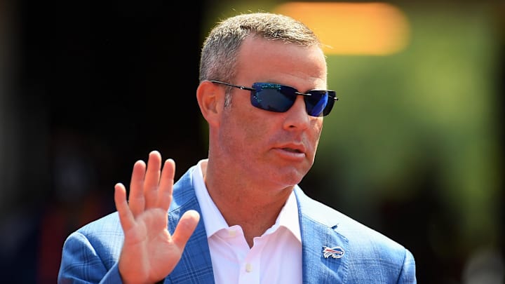 Aug 28, 2021; Orchard Park, New York, USA; Buffalo Bills general manager Brandon Beane waves to fans prior to the game against the Green Bay Packers at Highmark Stadium. Aug 28, 2021; Orchard Park, New York, USA; Buffalo Bills general manager Brandon Beane waves to fans prior to the game against the Green Bay Packers at Highmark Stadium.
