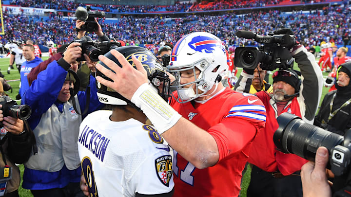 Baltimore Ravens quarterback Lamar Jackson greets Buffalo Bills quarterback Josh Allen