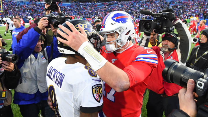 Dec 8, 2019; Orchard Park, NY, USA; Baltimore Ravens quarterback Lamar Jackson (8) greets Buffalo Bills quarterback Josh Allen (17) following the game at New Era Field. Mandatory Credit: Rich Barnes-USA TODAY Sports