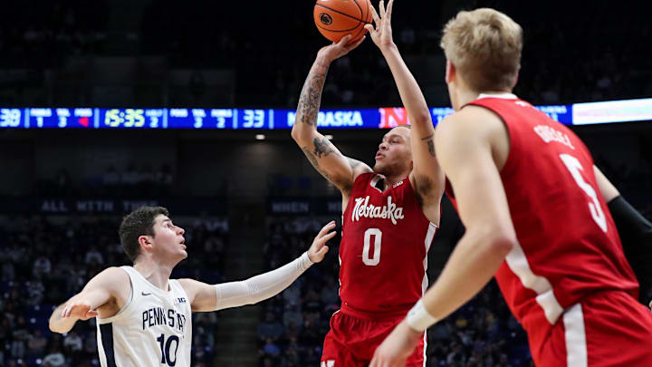 Nebraska Cornhuskers guard CJ Wilcher (0) shoots over the defender