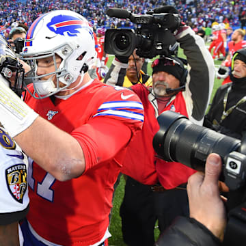 Dec 8, 2019; Orchard Park, NY, USA; Baltimore Ravens quarterback Lamar Jackson (8) greets Buffalo Bills quarterback Josh Allen (17) following the game