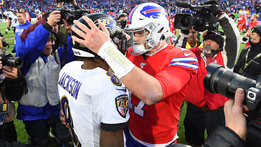 Dec 8, 2019; Orchard Park, NY, USA; Baltimore Ravens quarterback Lamar Jackson (8) greets Buffalo Bills quarterback Josh Allen (17) following the game at New Era Field.