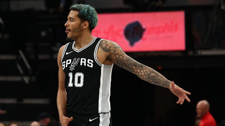 Mar 1, 2025; Memphis, Tennessee, USA; San Antonio Spurs forward Jeremy Sochan (10) reacts during the second quarter against the Memphis Grizzlies at FedExForum. Mandatory Credit: Petre Thomas-Imagn Images