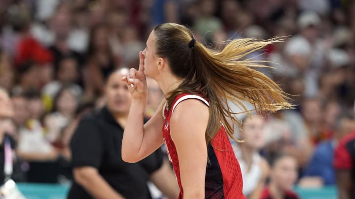 Aug 1, 2024; Villeneuve-d'Ascq, France; United States guard Sabrina Ionescu (6) celebrates a three point shot against Belgium in the second half in a women’s group stage game during the Paris 2024 Olympic Summer Games at Stade Pierre-Mauroy. Mandatory Credit: John David Mercer-USA TODAY Sports