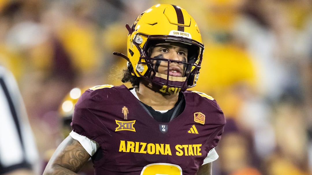 Nov 28, 2025; Tempe, Arizona, USA; Arizona State Sun Devils wide receiver Jordyn Tyson (0) against the Arizona Wildcats in the first half during the 99th Territorial Cup at Mountain America Stadium. Mandatory Credit: Mark J. Rebilas-Imagn Images