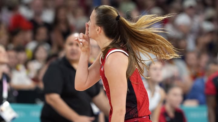 Aug 1, 2024; Villeneuve-d'Ascq, France; United States guard Sabrina Ionescu (6) celebrates a three point shot against Belgium in the second half in a women’s group stage game during the Paris 2024 Olympic Summer Games at Stade Pierre-Mauroy. Mandatory Credit: John David Mercer-USA TODAY Sports