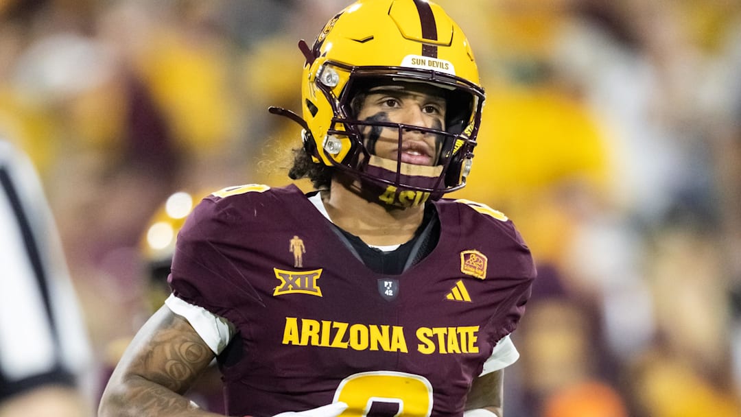 Nov 28, 2025; Tempe, Arizona, USA; Arizona State Sun Devils wide receiver Jordyn Tyson (0) against the Arizona Wildcats in the first half during the 99th Territorial Cup at Mountain America Stadium. Mandatory Credit: Mark J. Rebilas-Imagn Images