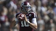 Sep 19, 2015; College Station, TX, USA; Texas A&M Aggies quarterback Kyle Allen (10) looks for an open receiver during the first quarter against the Nevada Wolf Pack at Kyle Field. Mandatory Credit: Troy Taormina-Imagn Images