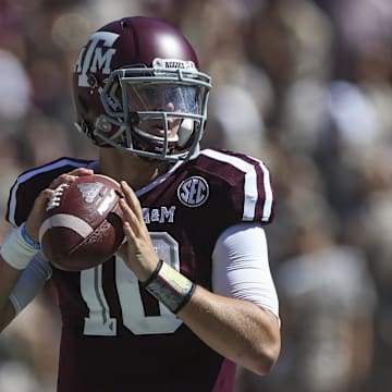 Sep 19, 2015; College Station, TX, USA; Texas A&M Aggies quarterback Kyle Allen (10) looks for an open receiver during the first quarter against the Nevada Wolf Pack at Kyle Field. Mandatory Credit: Troy Taormina-Imagn Images
