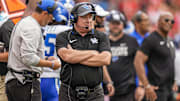 Oct 4, 2025; Athens, Georgia, USA; Kentucky Wildcats head coach Mark Stoops shown on the sidelines during the game against the Georgia Bulldogs during the first half at Sanford Stadium. Mandatory Credit: Dale Zanine-Imagn Images