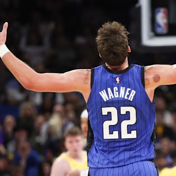 Orlando Magic forward Franz Wagner (22) reacts after a basket against the Los Angeles Lakers in the second quarter at Kia Center.