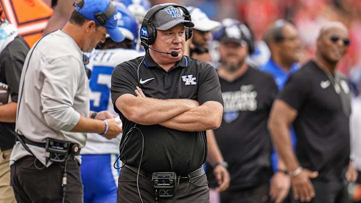Oct 4, 2025; Athens, Georgia, USA; Kentucky Wildcats head coach Mark Stoops shown on the sidelines during the game against the Georgia Bulldogs during the first half at Sanford Stadium. Mandatory Credit: Dale Zanine-Imagn Images