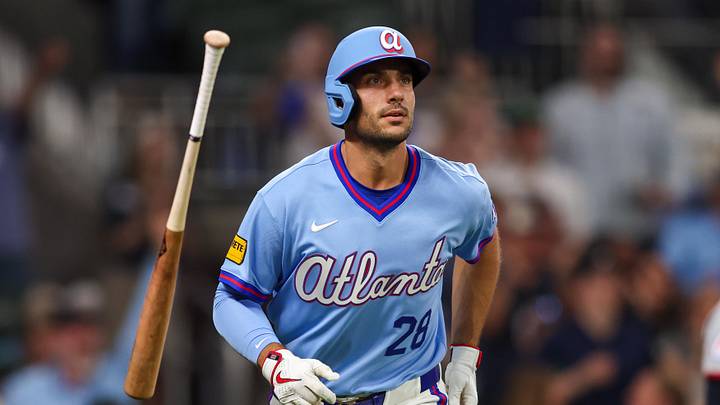 Apr 10, 2026; Atlanta, Georgia, USA; Atlanta Braves first baseman Matt Olson (28) hits a two-run home run against the Cleveland Guardians in the sixth inning at Truist Park. Mandatory Credit: Brett Davis-Imagn Images