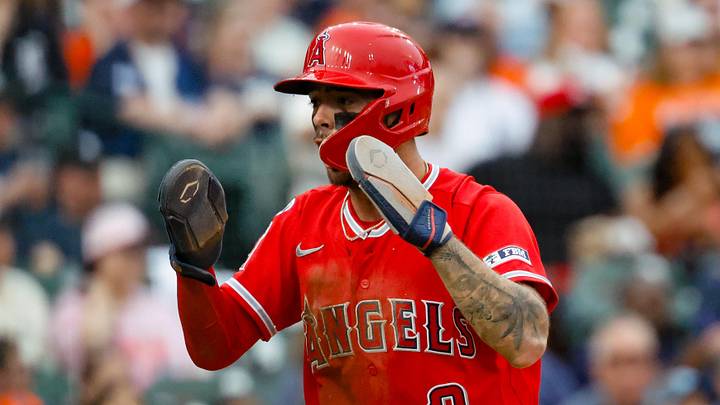 May 26, 2026; Detroit, Michigan, USA;  Los Angeles Angels shortstop Zach Neto (9) celebrates after scoring in the third inning against the Detroit Tigers at Comerica Park. Mandatory Credit: Rick Osentoski-Imagn Images