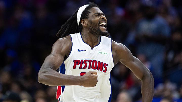 Oct 30, 2024; Philadelphia, Pennsylvania, USA; Detroit Pistons center Isaiah Stewart (28) reacts after a forward Tim Hardaway Jr. (not pictured) score against the Philadelphia 76ers during the fourth quarter at Wells Fargo Center. Mandatory Credit: Bill Streicher-Imagn Images