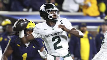 Oct 26, 2024; Ann Arbor, Michigan, USA;  Michigan State Spartans quarterback Aidan Chiles (2) passes in the second half against the Michigan Wolverines at Michigan Stadium. Mandatory Credit: Rick Osentoski-Imagn Images