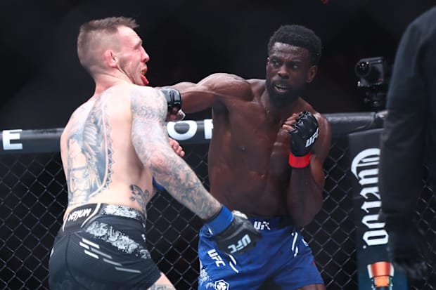 Chidi Njokuani (red gloves) fights Rhys McKee (blue gloves) during UFC Fight Night at Boardwalk Hall. 