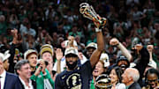 Celtics guard Jaylen Brown celebrates winning the NBA Finals MVP 