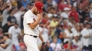 Jul 29, 2024; Philadelphia, Pennsylvania, USA; Philadelphia Phillies pitcher Zack Wheeler reacts after allowing a run.