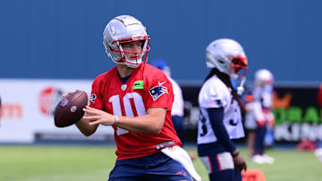 Jun 10, 2024; Foxborough, MA, USA;  New England Patriots quarterback Drake Maye (10) throws a pass at minicamp at Gillette Stadium. Mandatory Credit: Eric Canha-USA TODAY Sports