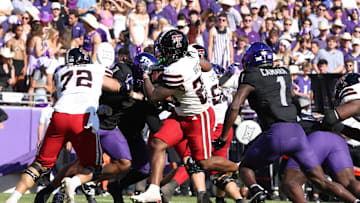 Oct 26, 2024; Fort Worth, Texas, USA;  Texas Tech Red Raiders running back Tahj Brooks (28) runs for a touchdown against the TCU Horned Frogs in the second quarter at Amon G. Carter Stadium. Mandatory Credit: Tim Heitman-Imagn Images