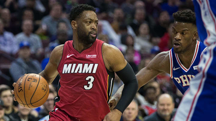 Feb 21, 2019; Philadelphia, PA, USA; Miami Heat guard Dwyane Wade (3) drives past Philadelphia 76ers guard Jimmy Butler (23) during the first quarter at Wells Fargo Center. Mandatory Credit: Bill Streicher-Imagn Images Feb 21, 2019; Philadelphia, PA, USA; Miami Heat guard Dwyane Wade (3) drives past Philadelphia 76ers guard Jimmy Butler (23) during the first quarter at Wells Fargo Center. Mandatory Credit: Bill Streicher-Imagn Images
