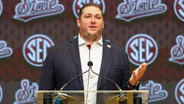 Mississippi State Bulldogs head coach Jeff Lebby talks to the media during the SEC Media Days at Omni Atlanta Hotel.